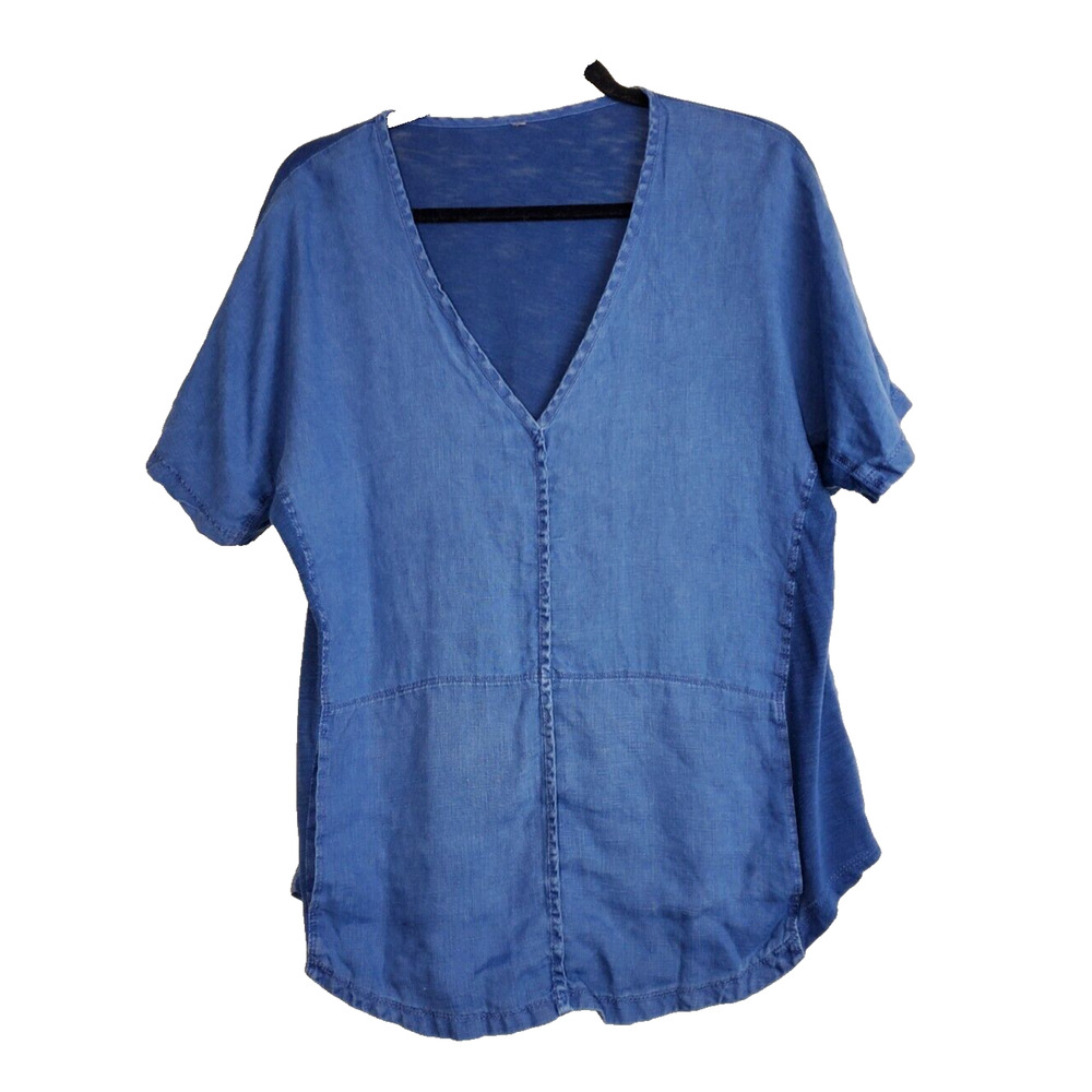 XCVI Womens Medium Top Linen Short Sleeve‎ Chambray Blue V-Neck Bohemian Slits